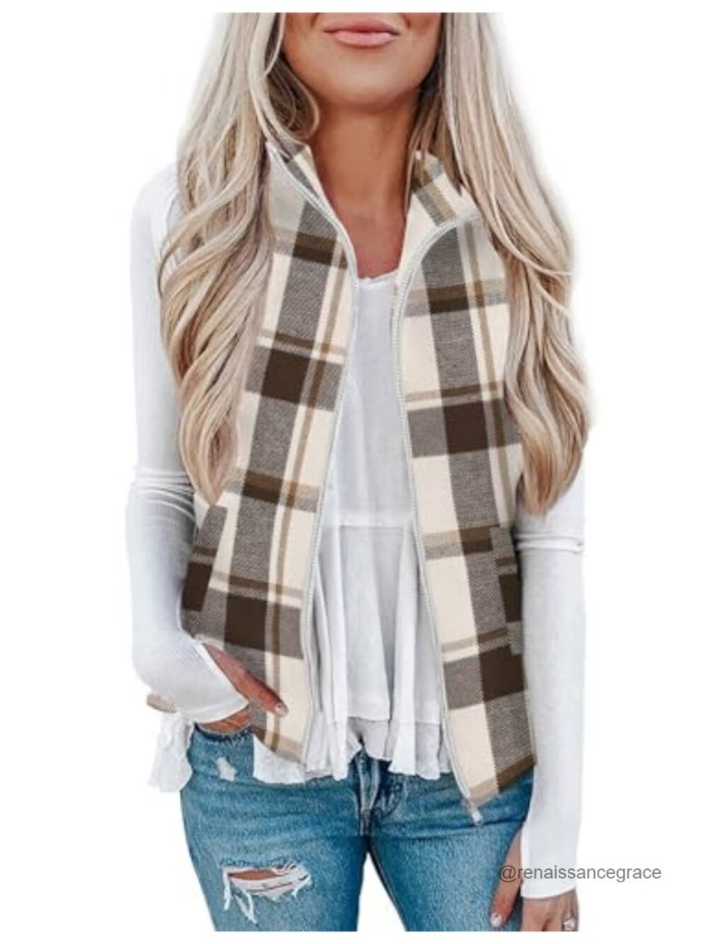 Plaid Zip Up Collared Sleeveless Outerwear Vest with Pockets